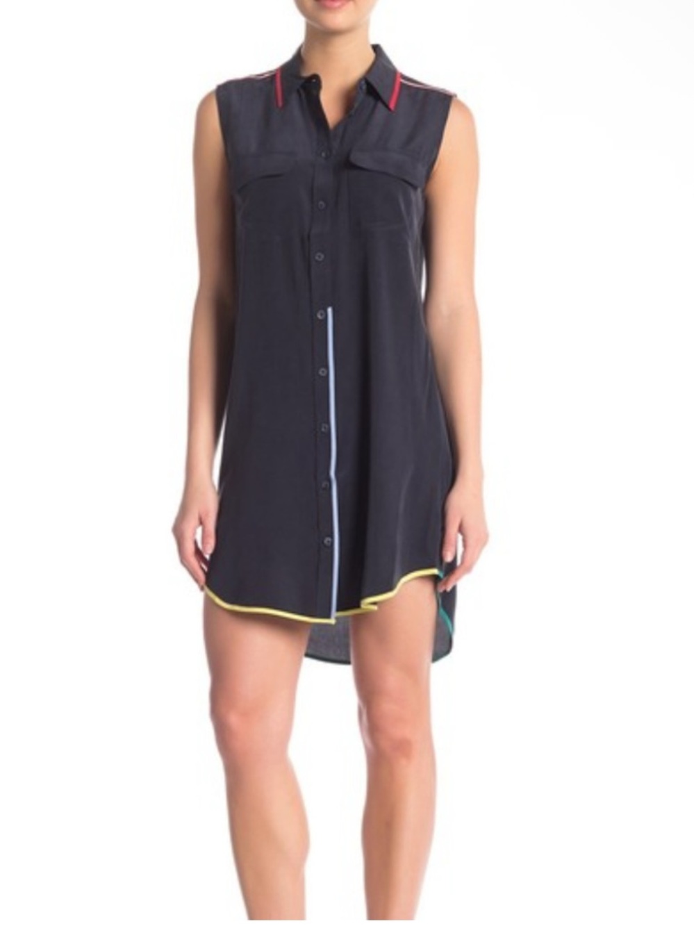 Equipment 100% Silk Signature Sleeveless Slim Dress Eclipse Button Down Navy